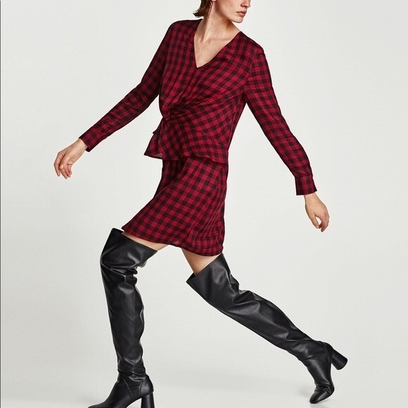 ZARA Dress Size XL Red Plaid Long Sleeve Lightweight Mini - Picture 1 of 12